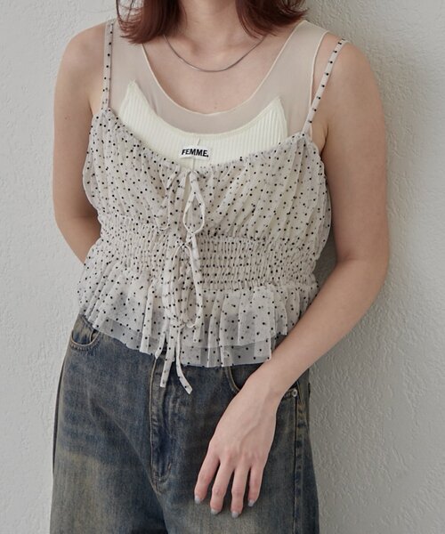 mline（エムライン）の「【この夏着たい！】[mline]チュールギャザーキャミ（シャツ/ブラウス・レディース・ブラック系その他/ブラウン/ブラック/オフホワイト・FREE）」の5枚目の写真