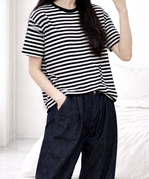 REBRENNER(リブレンナー)の「ピーチストライプクロップ半袖Tシャツホワイトブラック(Tシャツ/カットソー・メンズ・ホワイト系その他2・MEDIUM/LARGE/X-LARGE)」の5枚目の写真