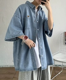 【UNISEX】ワンポイントオーバーサイズ ライトデニム ハーフスリーブシャツ