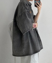 【UNISEX】ワンポイントオーバーサイズ ライトデニム ハーフスリーブシャツ