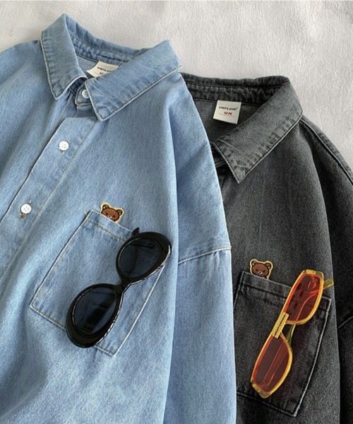 SHEPP(シープ)の「【UNISEX】ワンポイントオーバーサイズ ライトデニム ハーフスリーブシャツ(シャツ/ブラウス・メンズ・ブルー/ブラック・M)」の18枚目の写真