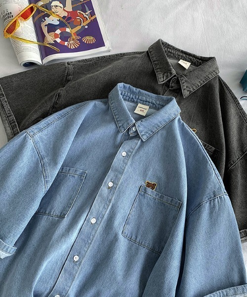 SHEPP(シープ)の「【UNISEX】ワンポイントオーバーサイズ ライトデニム ハーフスリーブシャツ(シャツ/ブラウス・メンズ・ブルー/ブラック・M)」の20枚目の写真