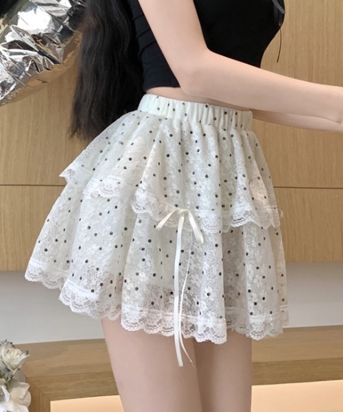 Teem Store(チームストア)の「【インパン付き】ドット柄リボン付2段ティアードチュールレースミニスカート(スカート・レディース・アイボリー・M/S)」の3枚目の写真