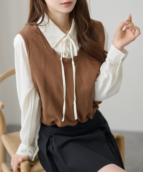 DAYRA(デイラ)の「2ピース風 リボン ベスト 長袖 ブラウス(シャツ/ブラウス・レディース・ブラック/ブラウン/グレー・FREE)」の3枚目の写真