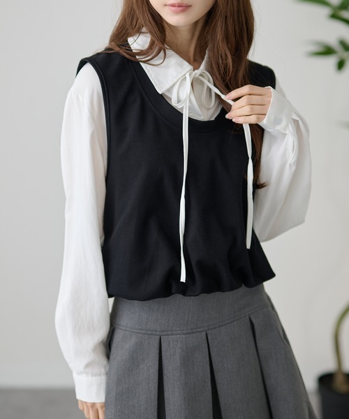 DAYRA(デイラ)の「2ピース風 リボン ベスト 長袖 ブラウス(シャツ/ブラウス・レディース・ブラック/ブラウン/グレー・FREE)」の5枚目の写真