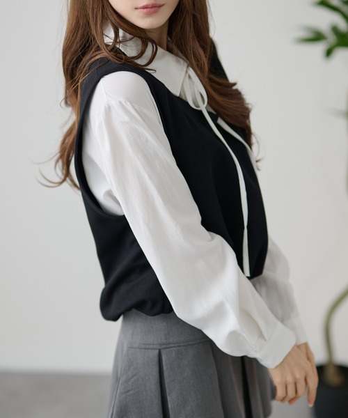 DAYRA(デイラ)の「2ピース風 リボン ベスト 長袖 ブラウス(シャツ/ブラウス・レディース・ブラック/ブラウン/グレー・FREE)」の6枚目の写真