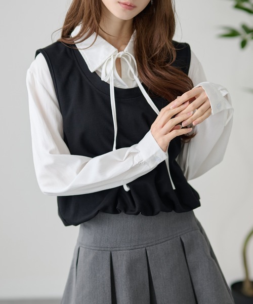 DAYRA(デイラ)の「2ピース風 リボン ベスト 長袖 ブラウス(シャツ/ブラウス・レディース・ブラック/ブラウン/グレー・FREE)」の8枚目の写真