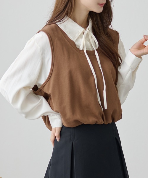 DAYRA(デイラ)の「2ピース風 リボン ベスト 長袖 ブラウス(シャツ/ブラウス・レディース・ブラック/ブラウン/グレー・FREE)」の11枚目の写真