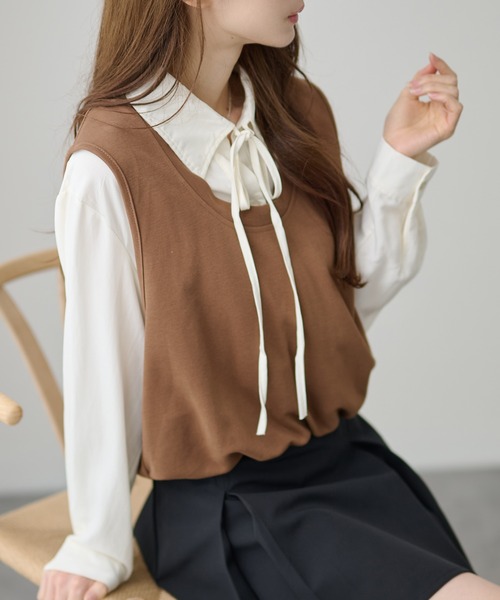 DAYRA(デイラ)の「2ピース風 リボン ベスト 長袖 ブラウス(シャツ/ブラウス・レディース・ブラック/ブラウン/グレー・FREE)」の13枚目の写真