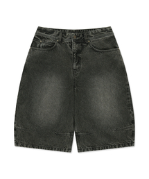 WASHED POCKET PRINT DENIM SHORTS - KHAKI