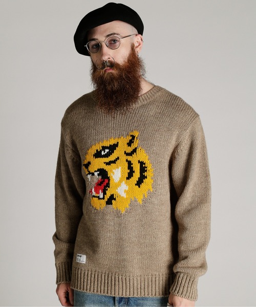 Schott(ショット)の「Schott/ショット/CREW KNIT "FACE TIGER"/クルー ニット フェイス タイガー(ニット/セーター・メンズ・ベージュ/グリーン・M/L/XL)」の1枚目の写真