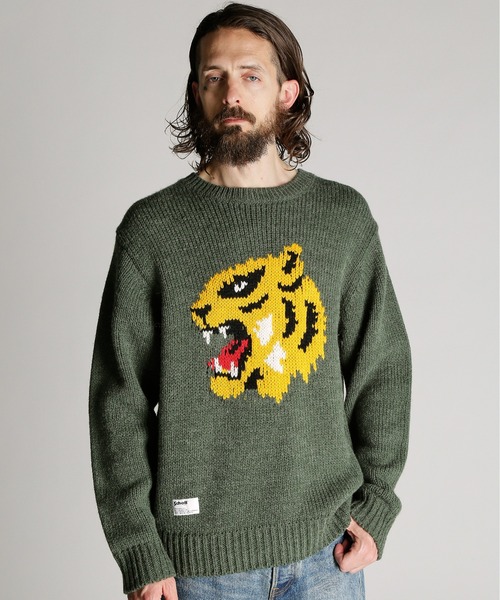 Schott(ショット)の「Schott/ショット/CREW KNIT "FACE TIGER"/クルー ニット フェイス タイガー(ニット/セーター・メンズ・ベージュ/グリーン・M/L/XL)」の2枚目の写真