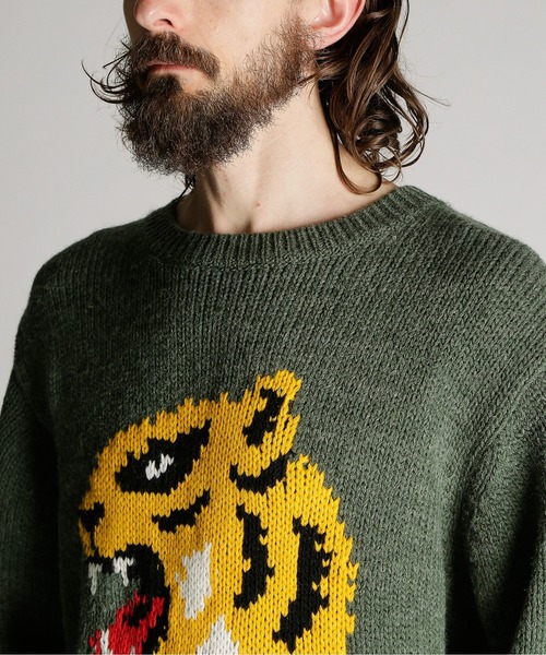 Schott(ショット)の「Schott/ショット/CREW KNIT "FACE TIGER"/クルー ニット フェイス タイガー(ニット/セーター・メンズ・ベージュ/グリーン・M/L/XL)」の5枚目の写真