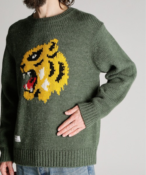 Schott(ショット)の「Schott/ショット/CREW KNIT "FACE TIGER"/クルー ニット フェイス タイガー(ニット/セーター・メンズ・ベージュ/グリーン・M/L/XL)」の6枚目の写真