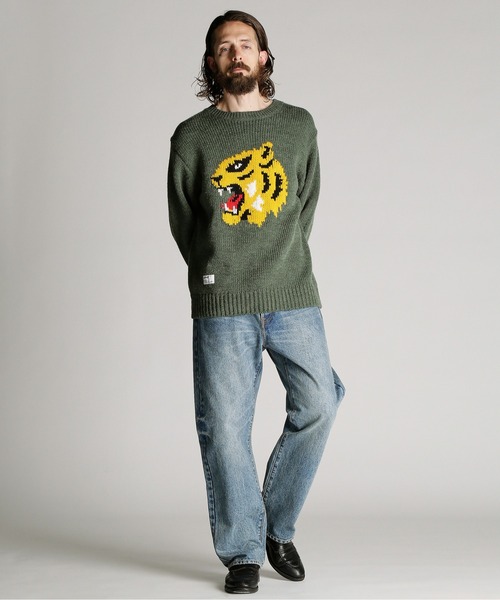 Schott(ショット)の「Schott/ショット/CREW KNIT "FACE TIGER"/クルー ニット フェイス タイガー(ニット/セーター・メンズ・ベージュ/グリーン・M/L/XL)」の9枚目の写真
