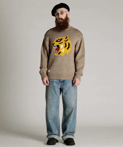 Schott(ショット)の「Schott/ショット/CREW KNIT "FACE TIGER"/クルー ニット フェイス タイガー(ニット/セーター・メンズ・ベージュ/グリーン・M/L/XL)」の8枚目の写真