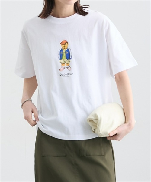 nissen(ニッセン)の「綿100%テディベアプリントTシャツ(Tシャツ/カットソー・レディース・オフホワイト/チャコールグレー・M/L)」の1枚目の写真