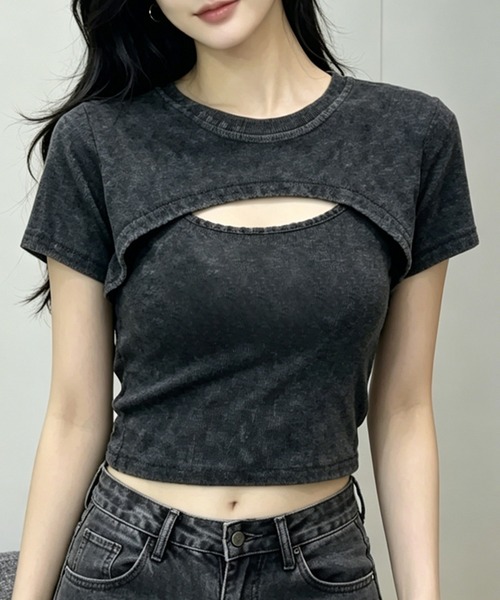 nonomi(ノノミ)の「ヴィンテージライク ピグメント加工 カットアウト レイヤード風 クロップドTシャツ(Tシャツ/カットソー・レディース・グレー・FREE)」の7枚目の写真