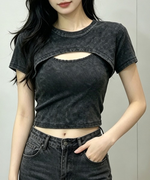 nonomi(ノノミ)の「ヴィンテージライク ピグメント加工 カットアウト レイヤード風 クロップドTシャツ(Tシャツ/カットソー・レディース・グレー・FREE)」の8枚目の写真