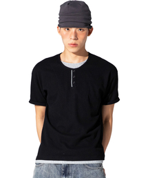 XTT158 レイヤードワッフルヘンリーネックTシャツ (ブラック)