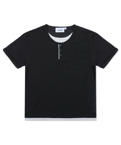 XTONZ（エクストーンズ）の「XTT158 レイヤードワッフルヘンリーネックTシャツ (ブラック)（Tシャツ/カットソー・レディース・その他・SMALL/MEDIUM/LARGE）」の7枚目の写真