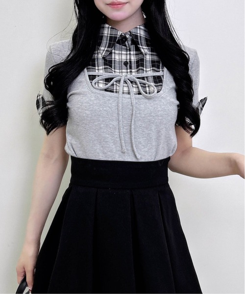 INGNI(イング)の「チェックシャツドッキングフロントリボンリブトップス(Tシャツ/カットソー・レディース・ブラック系/グレー系8・M)」の8枚目の写真