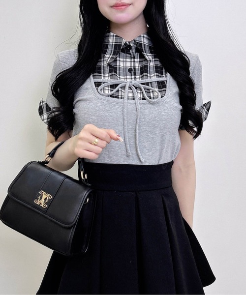 INGNI(イング)の「チェックシャツドッキングフロントリボンリブトップス(Tシャツ/カットソー・レディース・ブラック系/グレー系8・M)」の7枚目の写真