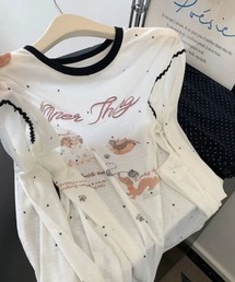 襟黒パイピング+袖スカラップレースデザイン T シャツ