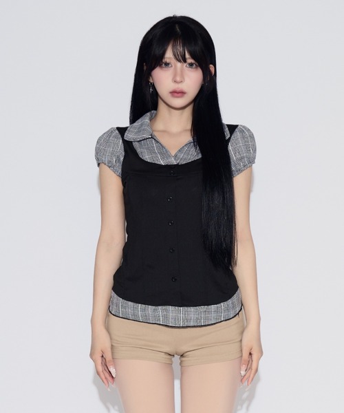 tinkerend(ティンカーエンド)の「Puff-sleeve Gingham Blouse / パフスリーブギンガムチェックブラウス(シャツ/ブラウス・レディース・ブラック・FREE)」の8枚目の写真