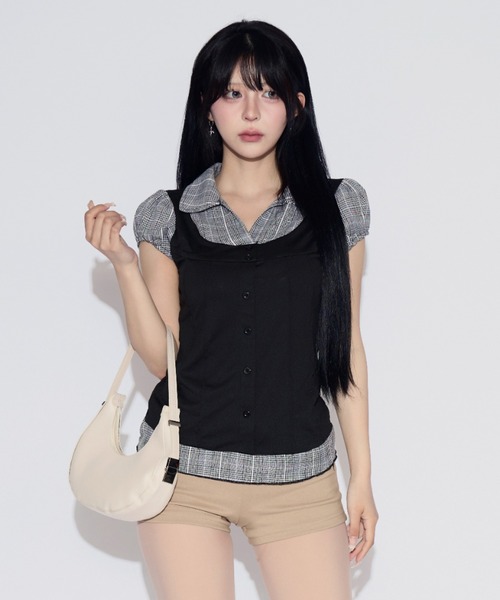 tinkerend(ティンカーエンド)の「Puff-sleeve Gingham Blouse / パフスリーブギンガムチェックブラウス(シャツ/ブラウス・レディース・ブラック・FREE)」の9枚目の写真