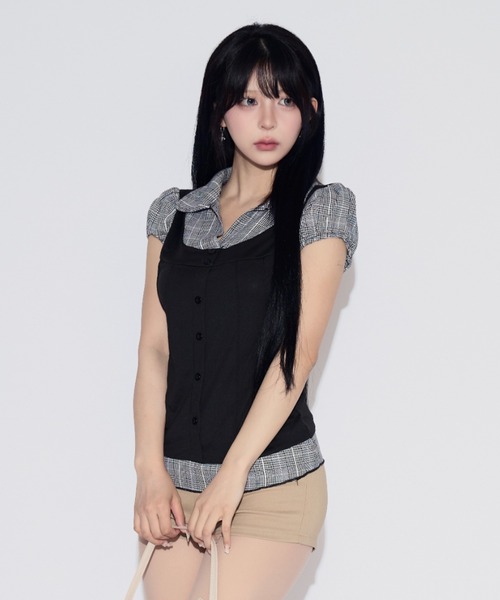 tinkerend(ティンカーエンド)の「Puff-sleeve Gingham Blouse / パフスリーブギンガムチェックブラウス(シャツ/ブラウス・レディース・ブラック・FREE)」の10枚目の写真