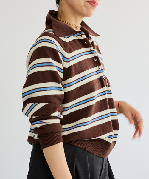 IENA LA BOUCLE(イエナラブークル)の「《手洗い可》IENA LA BOUCLE マルチボーダーラガーシャツニット(ニット/セーター・レディース・アイボリー/ブラウン・FREE)」の2枚目の写真