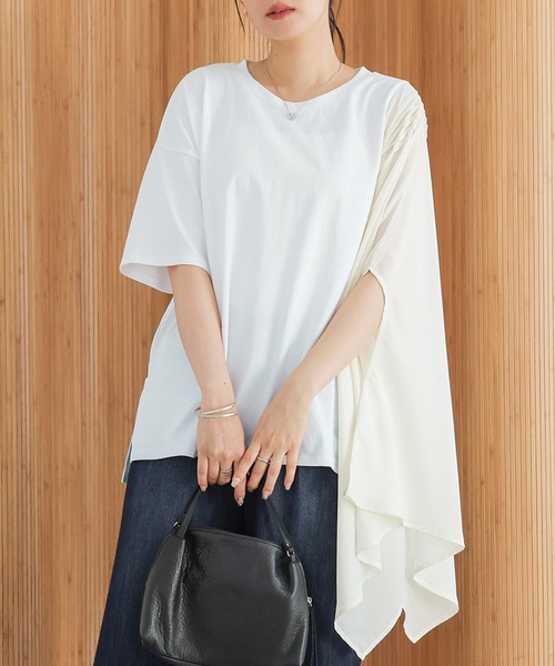n'OrLABEL(ノアールレーベル)の「【接触冷感】アシメドッキングカットソー(Tシャツ/カットソー・レディース・ブルー系その他/オフホワイト/ブラック・FREE)」の1枚目の写真