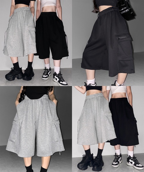 me+em select(ミームセレクト)の「【 2color 】タックワイドカーゴスウェットハーフパンツ / tuck wide cargo sweat half pants(スウェットパンツ・レディース・ブラック/グレー・FREE)」の3枚目の写真