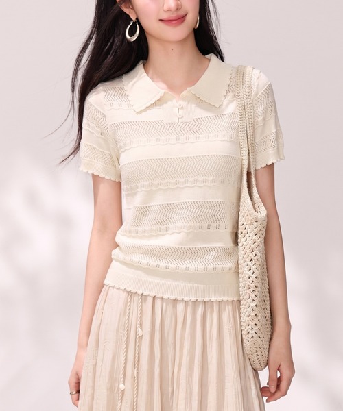 LUCPY(ラクピー)の「透かし編みポロニットトップス(その他トップス・レディース・ホワイト・SMALL/X-LARGE/LARGE/MEDIUM)」の1枚目の写真