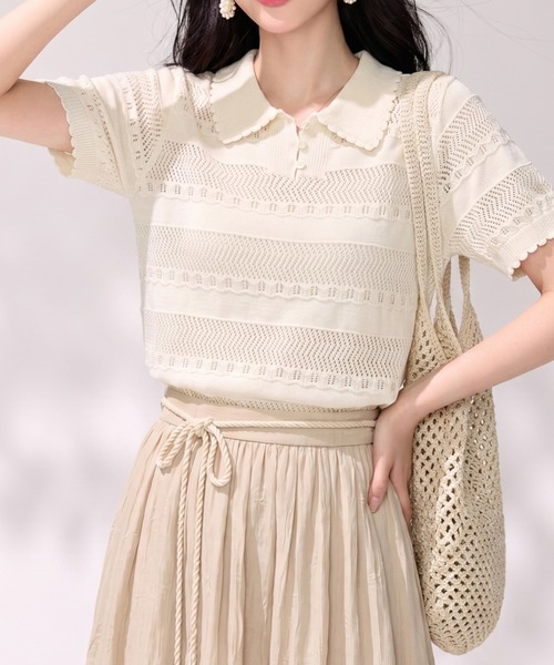 LUCPY(ラクピー)の「透かし編みポロニットトップス(その他トップス・レディース・ホワイト・SMALL/X-LARGE/LARGE/MEDIUM)」の3枚目の写真