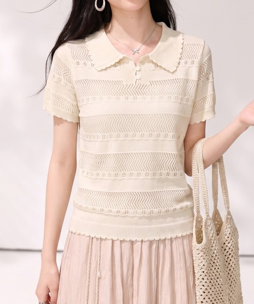 LUCPY(ラクピー)の「透かし編みポロニットトップス(その他トップス・レディース・ホワイト・SMALL/X-LARGE/LARGE/MEDIUM)」の4枚目の写真