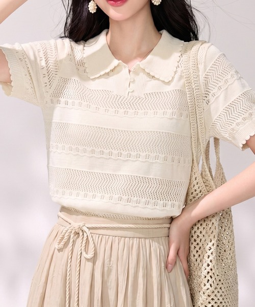 LUCPY(ラクピー)の「透かし編みポロニットトップス(その他トップス・レディース・ホワイト・SMALL/X-LARGE/LARGE/MEDIUM)」の5枚目の写真