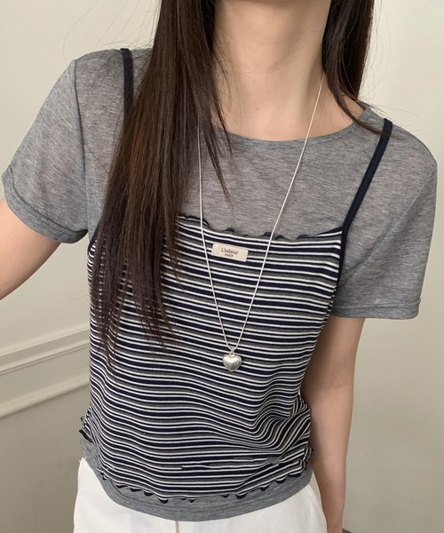 Chiina(チーナ)の「【Chiina】ボーダーキャミセット半袖トップス(Tシャツ/カットソー・レディース・グレー/ネイビー・FREE)」の1枚目の写真
