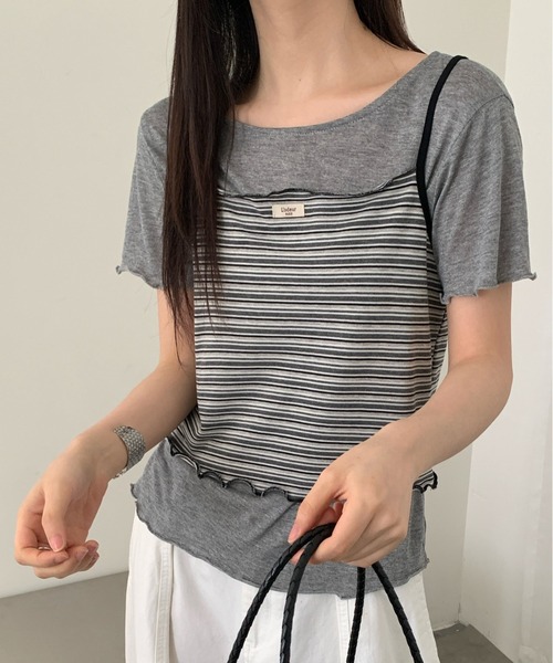 Chiina(チーナ)の「【Chiina】ボーダーキャミセット半袖トップス(Tシャツ/カットソー・レディース・グレー/ネイビー・FREE)」の2枚目の写真