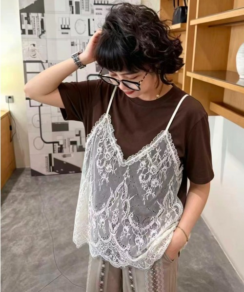 LETee(レティー)の「レースキャミを重ねたような旬のレイヤードデザイン!1枚でこなれ感が叶うドッキングTシャツ(Tシャツ/カットソー・レディース・ホワイト/ブラック/ブラウン・FREE)」の7枚目の写真