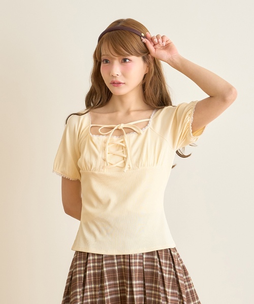 Mi-je(ミジェ)の「レースアップテレコ半袖Tシャツ(Tシャツ/カットソー・レディース・ブラウン/アイボリー・F)」の2枚目の写真
