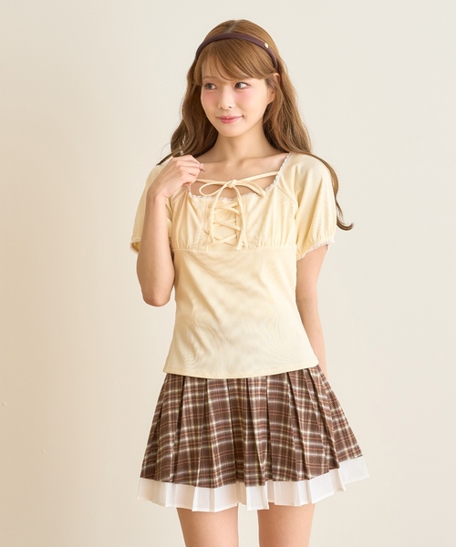 Mi-je(ミジェ)の「レースアップテレコ半袖Tシャツ(Tシャツ/カットソー・レディース・ブラウン/アイボリー・F)」の3枚目の写真