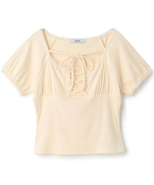 Mi-je(ミジェ)の「レースアップテレコ半袖Tシャツ(Tシャツ/カットソー・レディース・ブラウン/アイボリー・F)」の5枚目の写真