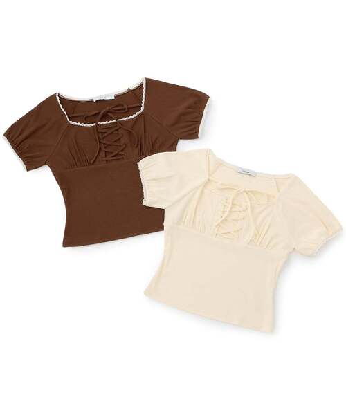 Mi-je(ミジェ)の「レースアップテレコ半袖Tシャツ(Tシャツ/カットソー・レディース・ブラウン/アイボリー・F)」の13枚目の写真