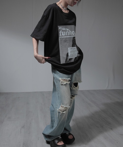 nonomi（ノノミ）の「オーバーサイズ レトログラフィックプリント 半袖Tシャツ / ビッグシルエット カットソー（Tシャツ/カットソー・レディース・ブラック/ホワイト・XL）」の9枚目の写真