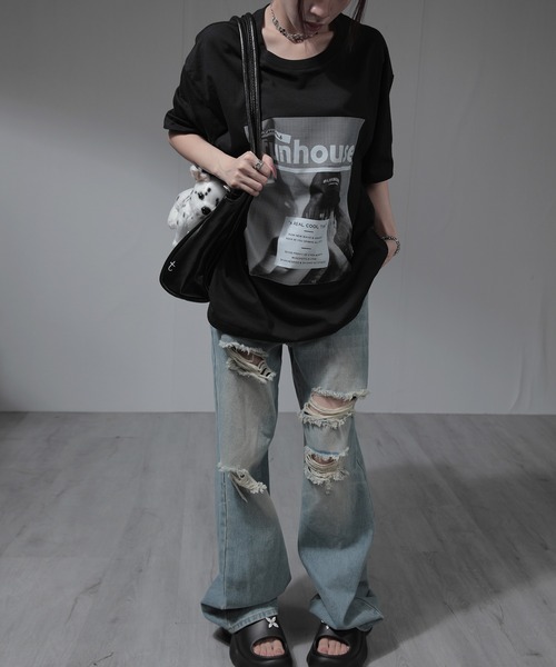 nonomi（ノノミ）の「オーバーサイズ レトログラフィックプリント 半袖Tシャツ / ビッグシルエット カットソー（Tシャツ/カットソー・レディース・ブラック/ホワイト・XL）」の12枚目の写真