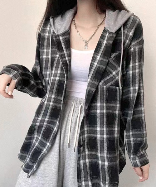 Riff(リフ)の「フード付きチェックシャツ(シャツ/ブラウス・レディース・ネイビー/ブラック・FREE)」の3枚目の写真