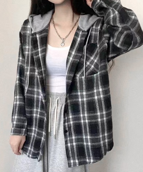 Riff(リフ)の「フード付きチェックシャツ(シャツ/ブラウス・レディース・ネイビー/ブラック・FREE)」の5枚目の写真