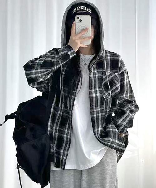 Riff(リフ)の「フード付きチェックシャツ(シャツ/ブラウス・レディース・ネイビー/ブラック・FREE)」の10枚目の写真